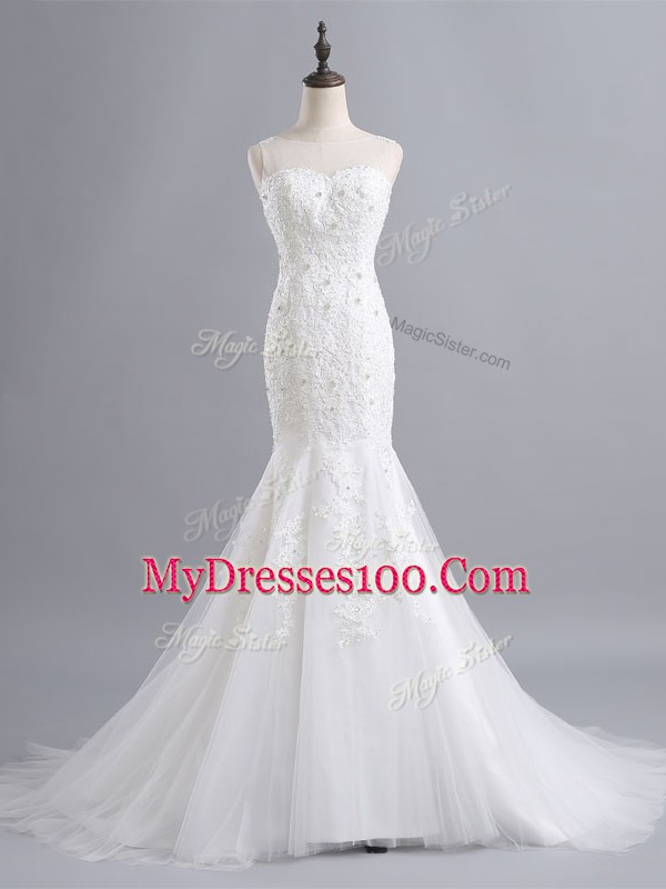 Dazzling Scoop Sleeveless Tulle Wedding Gowns Lace Brush Train Zipper