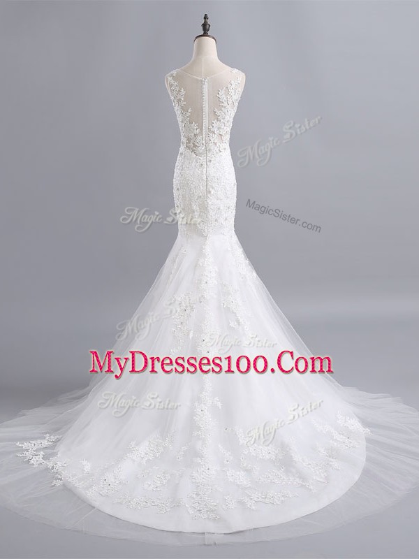 Dazzling Scoop Sleeveless Tulle Wedding Gowns Lace Brush Train Zipper