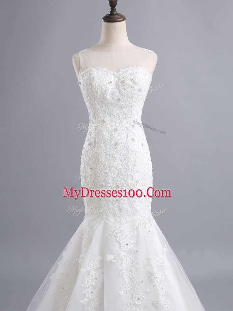 Dazzling Scoop Sleeveless Tulle Wedding Gowns Lace Brush Train Zipper
