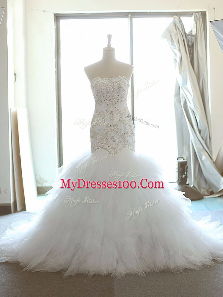Cute White Strapless Neckline Beading and Ruffles Wedding Dress Sleeveless Lace Up