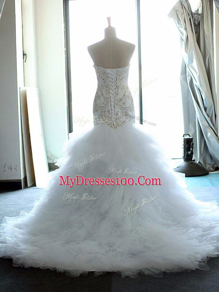 Cute White Strapless Neckline Beading and Ruffles Wedding Dress Sleeveless Lace Up