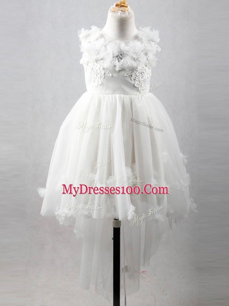 Fantastic High Low Lace Up Flower Girl Dresses White for Wedding Party with Appliques