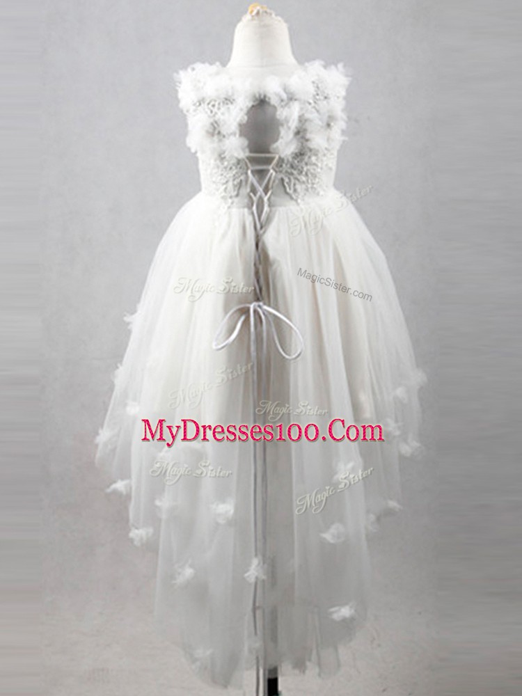 Fantastic High Low Lace Up Flower Girl Dresses White for Wedding Party with Appliques