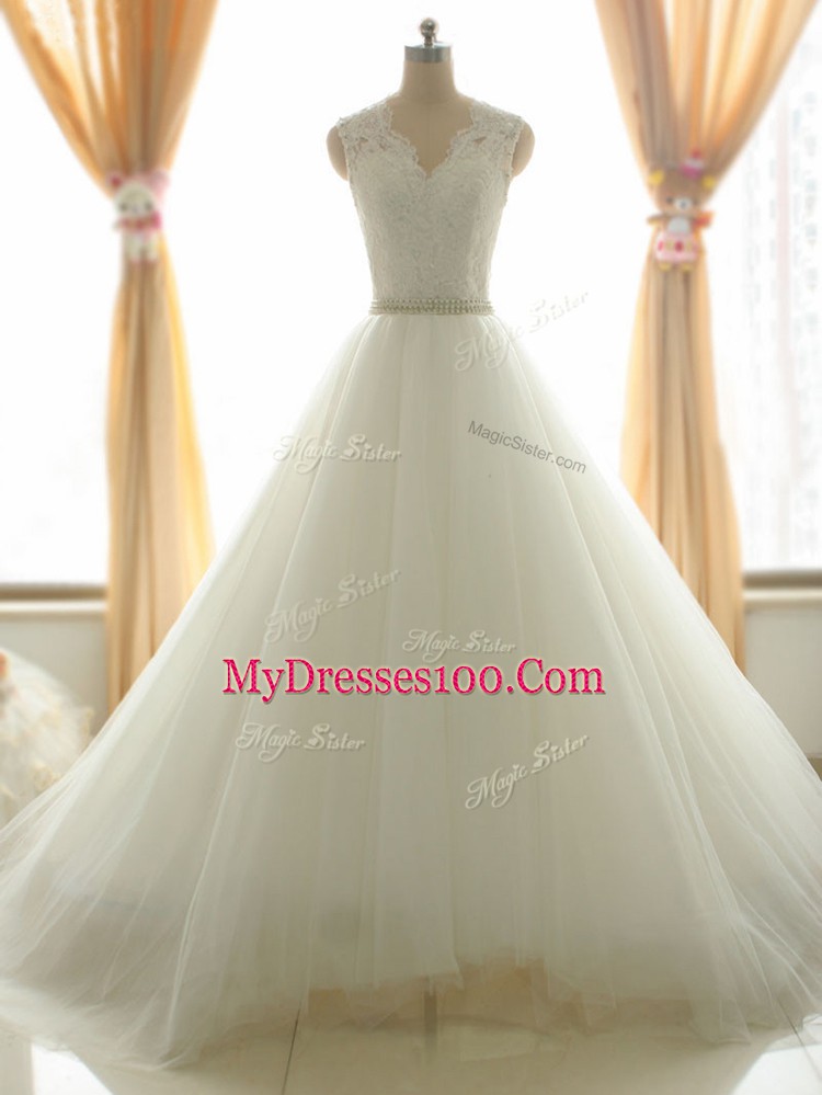 Fine Zipper Wedding Dresses White for Beach and Wedding Party with Beading and Appliques Brush Train