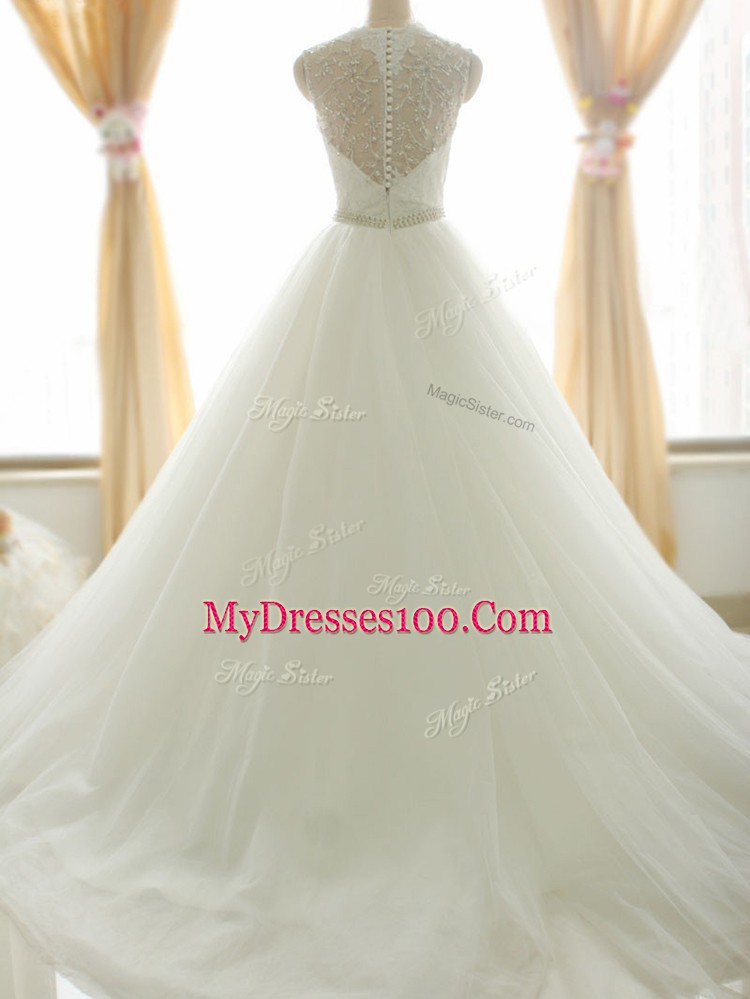 Fine Zipper Wedding Dresses White for Beach and Wedding Party with Beading and Appliques Brush Train
