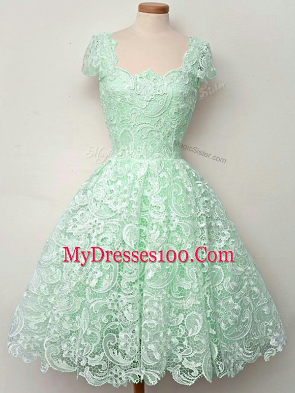 Straps Cap Sleeves Quinceanera Court Dresses Knee Length Lace Apple Green Lace