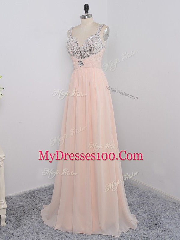 Peach Sleeveless Chiffon Zipper Prom Dress for Prom and Party and Military Ball