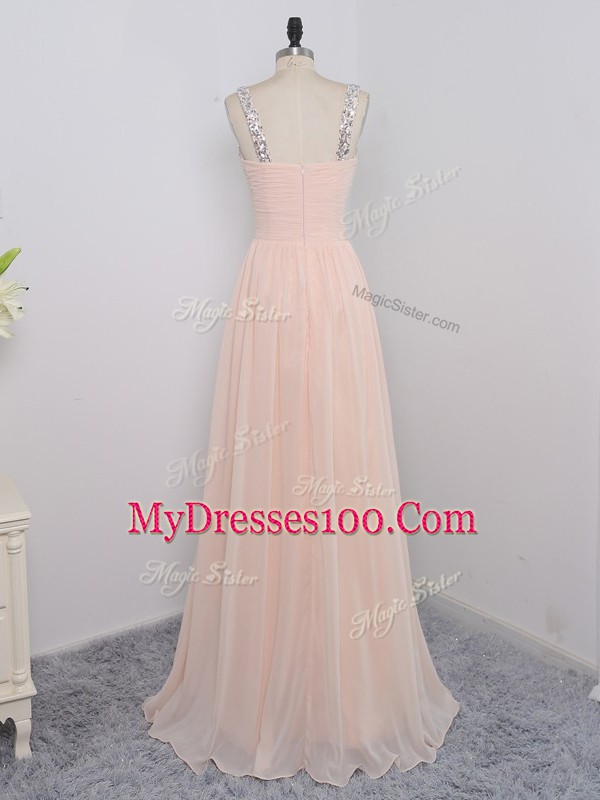 Peach Sleeveless Chiffon Zipper Prom Dress for Prom and Party and Military Ball