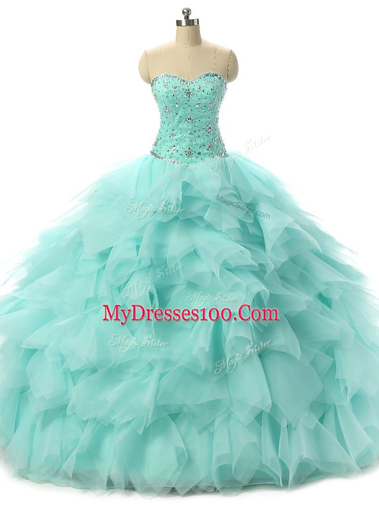 Designer Sleeveless Tulle Floor Length Lace Up Sweet 16 Quinceanera Dress in Apple Green with Beading and Ruffles