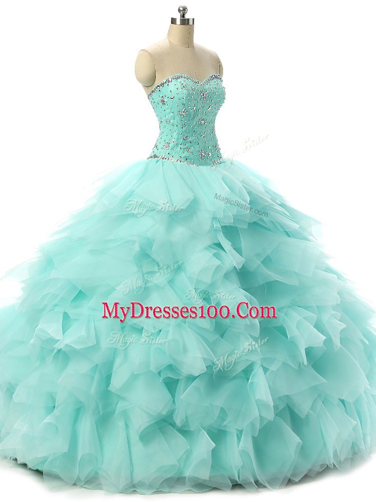 Designer Sleeveless Tulle Floor Length Lace Up Sweet 16 Quinceanera Dress in Apple Green with Beading and Ruffles