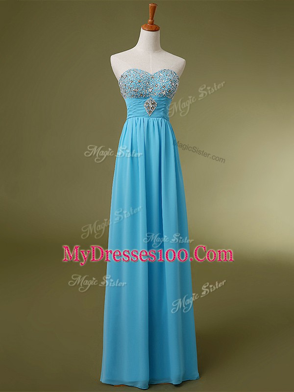 Stylish Baby Blue Dress for Prom Prom and Military Ball and Sweet 16 with Beading and Ruching Sweetheart Sleeveless Lace Up