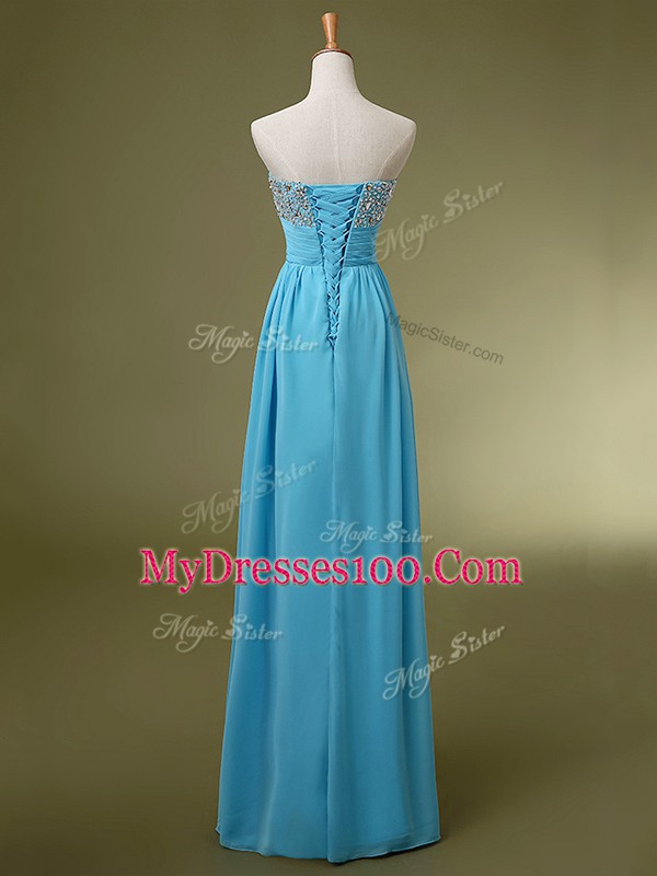 Stylish Baby Blue Dress for Prom Prom and Military Ball and Sweet 16 with Beading and Ruching Sweetheart Sleeveless Lace Up