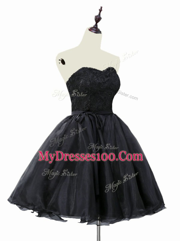 Black A-line Sweetheart Sleeveless Organza Mini Length Lace Up Lace and Sashes ribbons