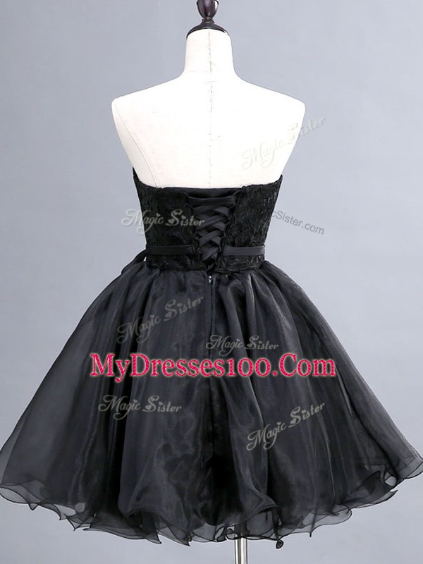Black A-line Sweetheart Sleeveless Organza Mini Length Lace Up Lace and Sashes ribbons