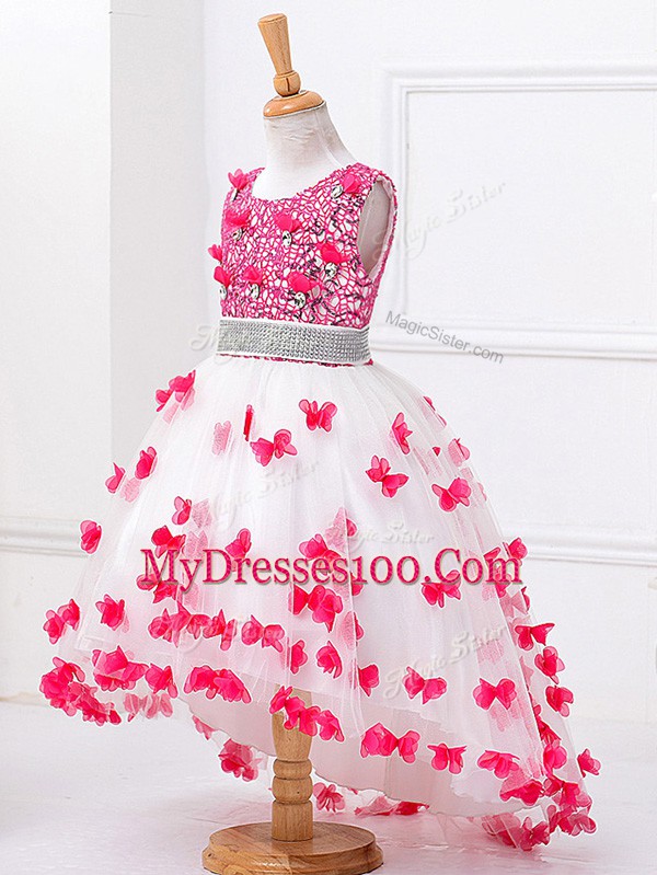 Pretty A-line Child Pageant Dress White Scoop Tulle Sleeveless High Low Zipper
