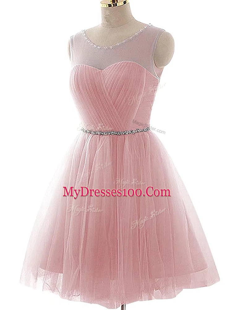 Adorable Pink A-line Scoop Sleeveless Tulle Mini Length Lace Up Beading and Ruching Prom Dresses