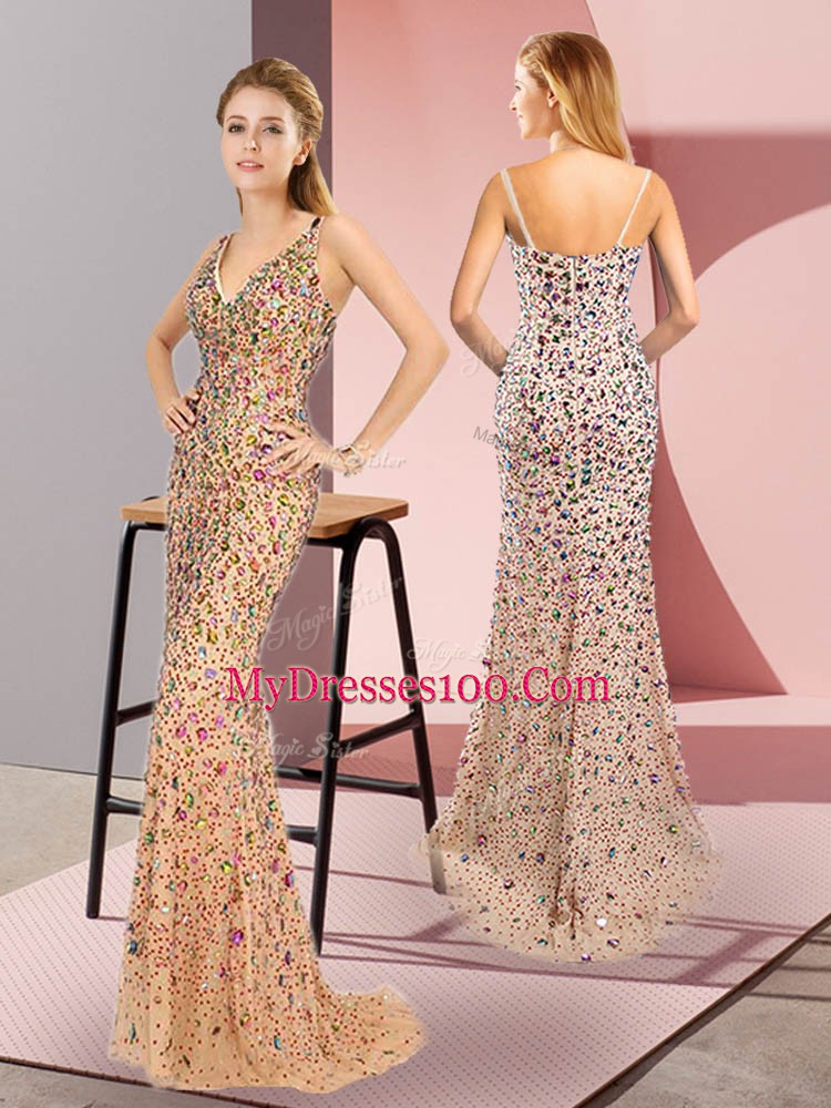 Nice Champagne Tulle Zipper Prom Dress Sleeveless Brush Train Beading