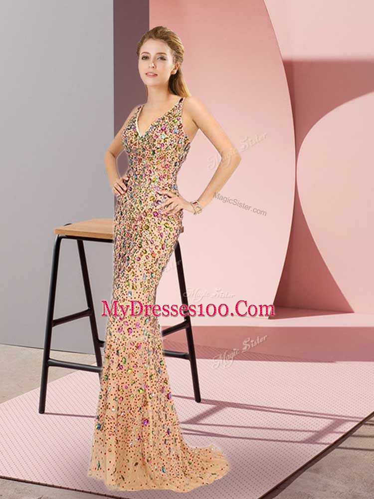 Nice Champagne Tulle Zipper Prom Dress Sleeveless Brush Train Beading