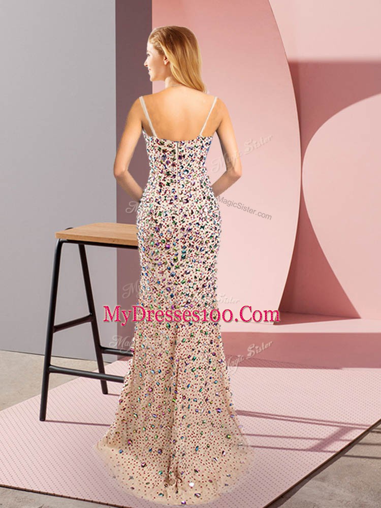 Nice Champagne Tulle Zipper Prom Dress Sleeveless Brush Train Beading