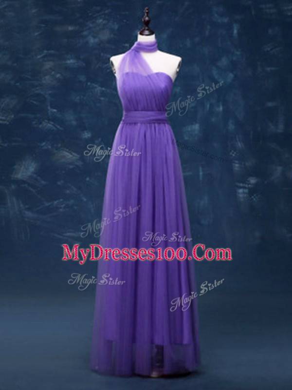Lovely Lavender Court Dresses for Sweet 16 Prom and Party and Wedding Party with Ruching Halter Top Sleeveless Lace Up