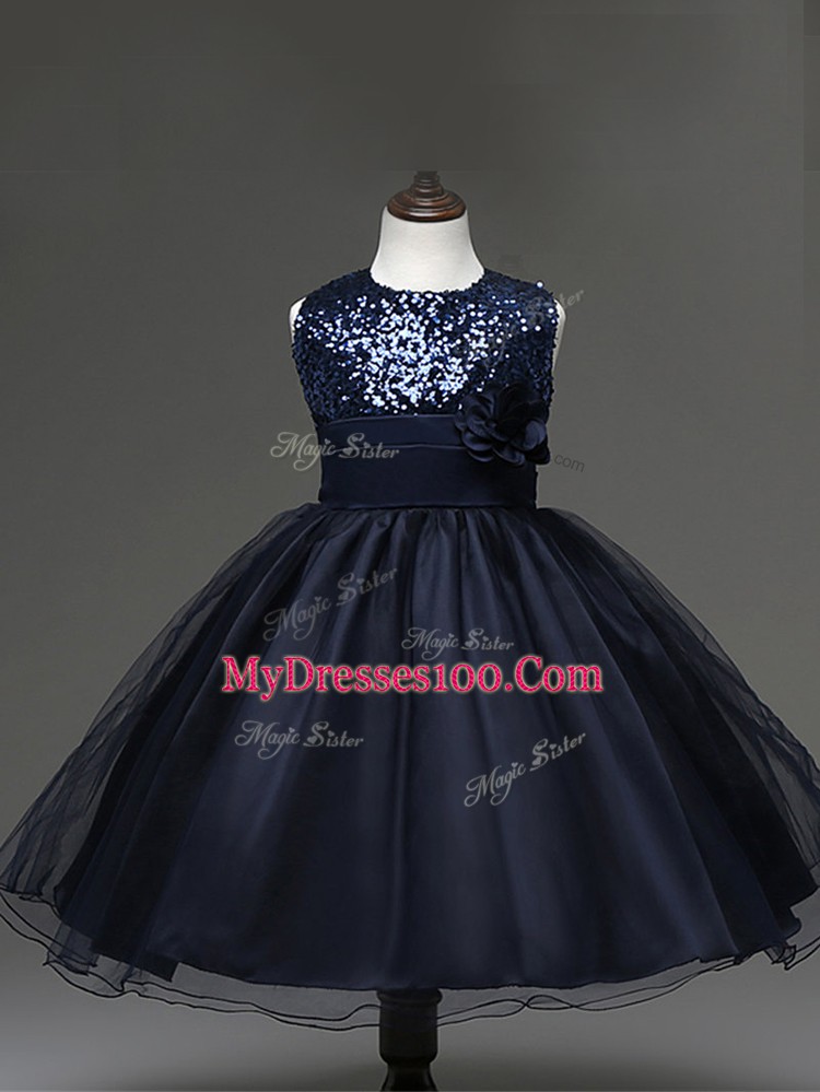 New Arrival Navy Blue Tulle Zipper Scoop Sleeveless Knee Length Pageant Gowns For Girls Sequins and Hand Made Flower