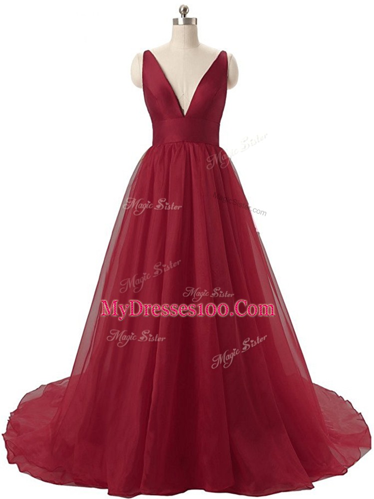 Brush Train A-line Homecoming Dress Burgundy V-neck Organza Sleeveless Backless