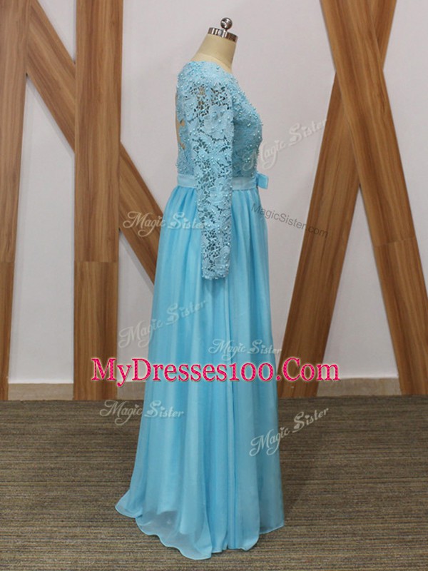Romantic Baby Blue Backless V-neck Lace Mother Dresses Chiffon Long Sleeves