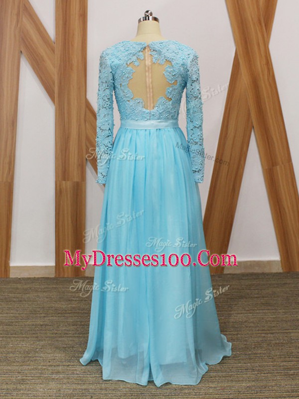 Romantic Baby Blue Backless V-neck Lace Mother Dresses Chiffon Long Sleeves