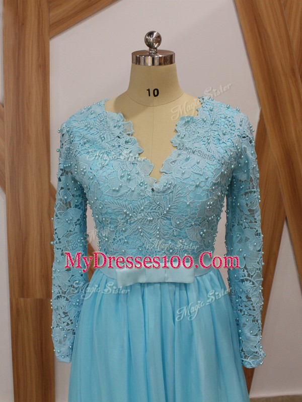 Romantic Baby Blue Backless V-neck Lace Mother Dresses Chiffon Long Sleeves