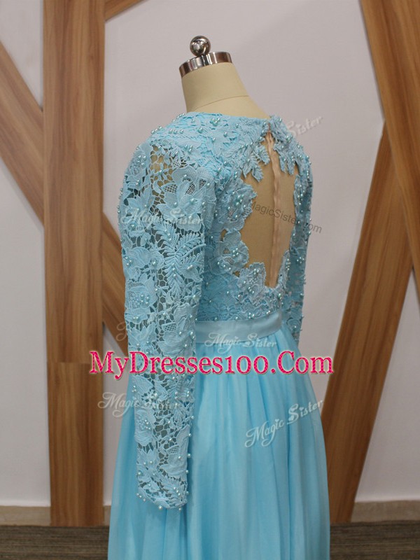 Romantic Baby Blue Backless V-neck Lace Mother Dresses Chiffon Long Sleeves