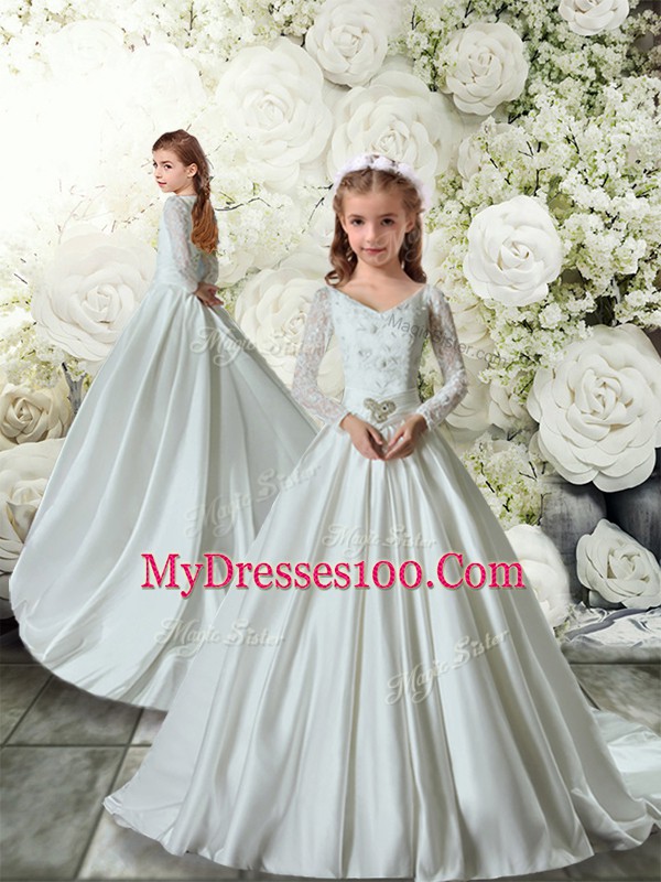 Sumptuous White Sweet 16 Dresses Wedding Party with Lace and Belt V-neck Long Sleeves Chapel Train Lace Up