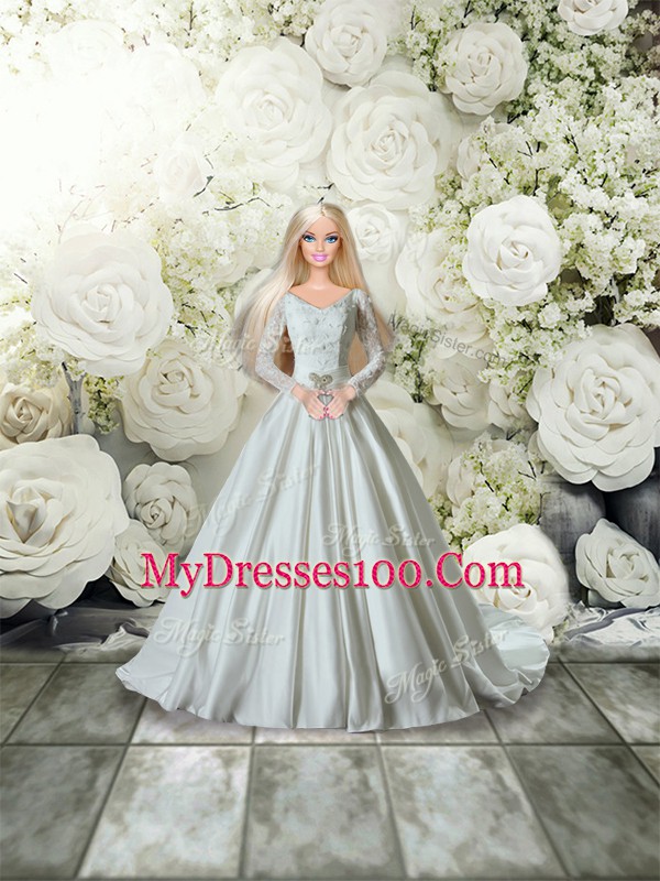 Sumptuous White Sweet 16 Dresses Wedding Party with Lace and Belt V-neck Long Sleeves Chapel Train Lace Up