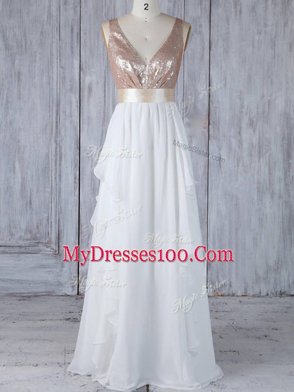 V-neck Sleeveless Wedding Guest Dresses Floor Length Ruffles and Sequins White Chiffon