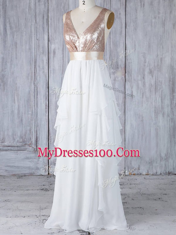 V-neck Sleeveless Wedding Guest Dresses Floor Length Ruffles and Sequins White Chiffon