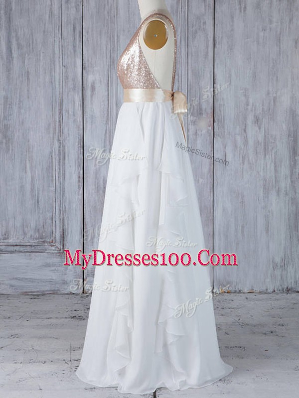 V-neck Sleeveless Wedding Guest Dresses Floor Length Ruffles and Sequins White Chiffon