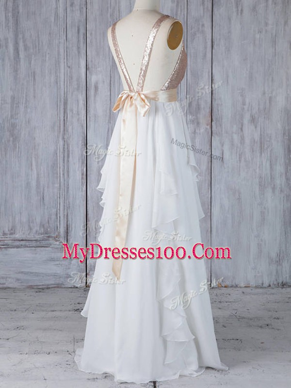 V-neck Sleeveless Wedding Guest Dresses Floor Length Ruffles and Sequins White Chiffon