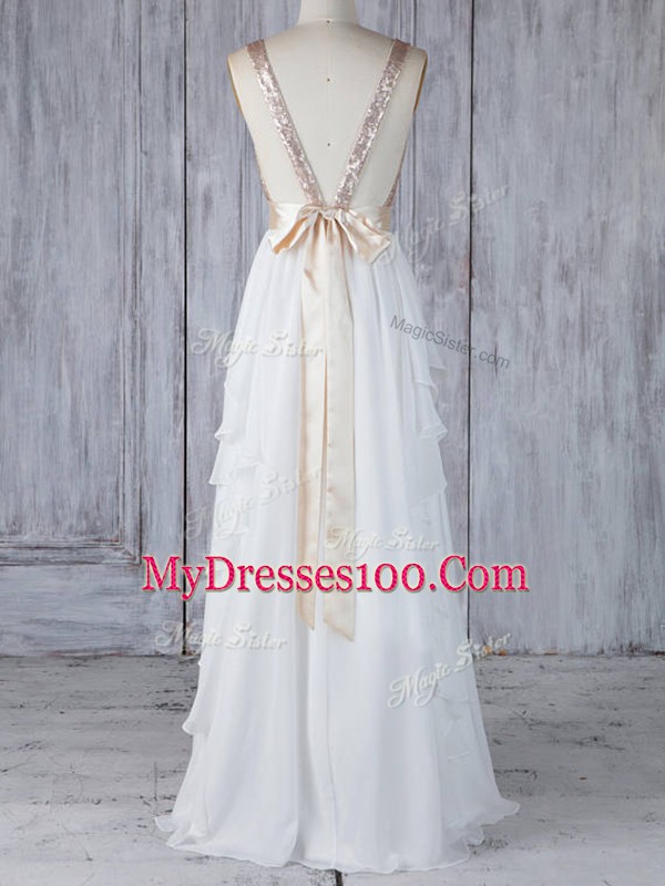 V-neck Sleeveless Wedding Guest Dresses Floor Length Ruffles and Sequins White Chiffon