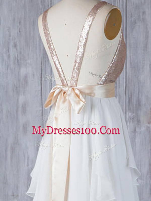 V-neck Sleeveless Wedding Guest Dresses Floor Length Ruffles and Sequins White Chiffon