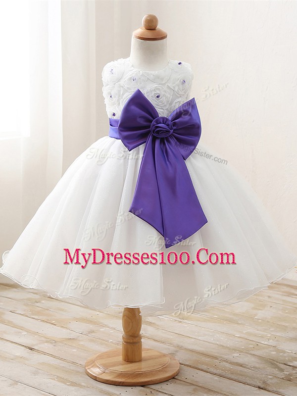 Custom Designed Organza Scoop Sleeveless Zipper Bowknot Girls Pageant Dresses in White