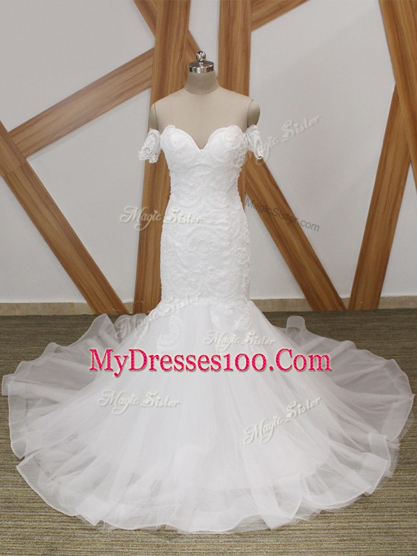 Off The Shoulder Short Sleeves Court Train Backless Wedding Dresses White Tulle