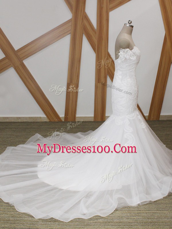 Off The Shoulder Short Sleeves Court Train Backless Wedding Dresses White Tulle