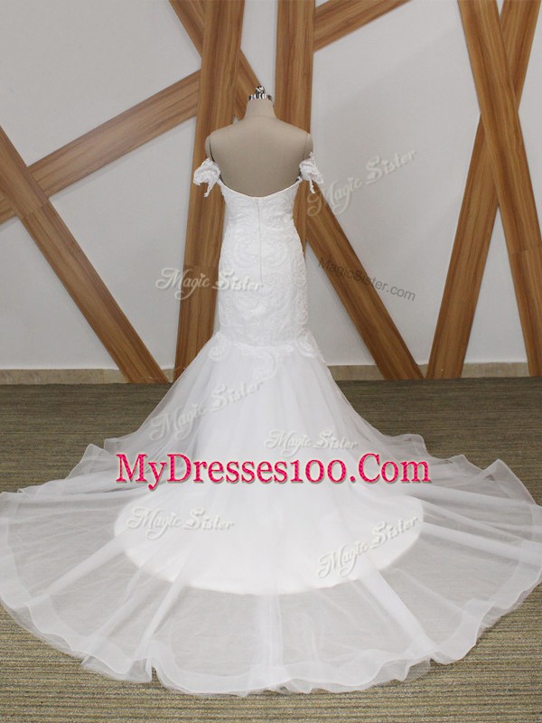 Off The Shoulder Short Sleeves Court Train Backless Wedding Dresses White Tulle