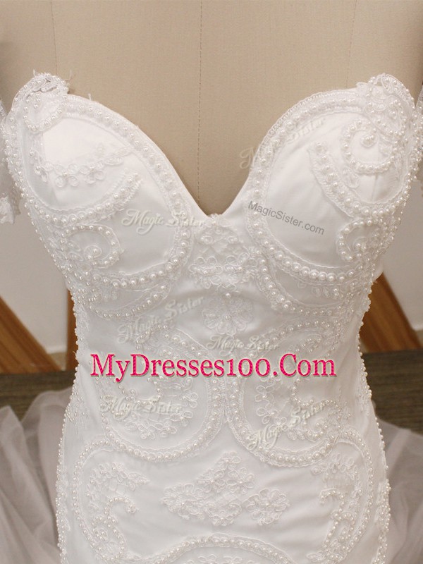 Off The Shoulder Short Sleeves Court Train Backless Wedding Dresses White Tulle
