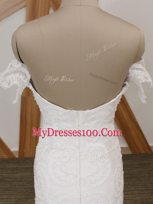 Off The Shoulder Short Sleeves Court Train Backless Wedding Dresses White Tulle