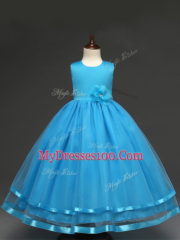 Top Selling Floor Length Baby Blue Little Girls Pageant Gowns Scoop Sleeveless Zipper