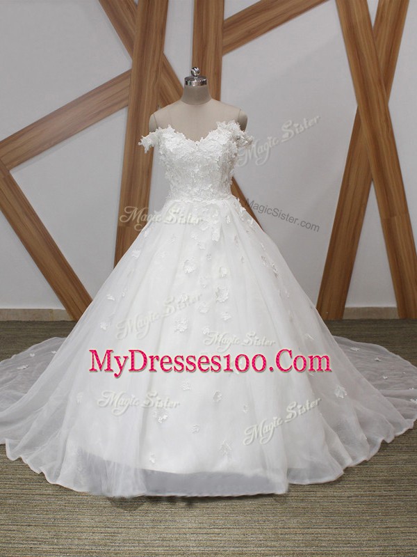 Decent Off The Shoulder Sleeveless Wedding Gowns Court Train Appliques White Organza