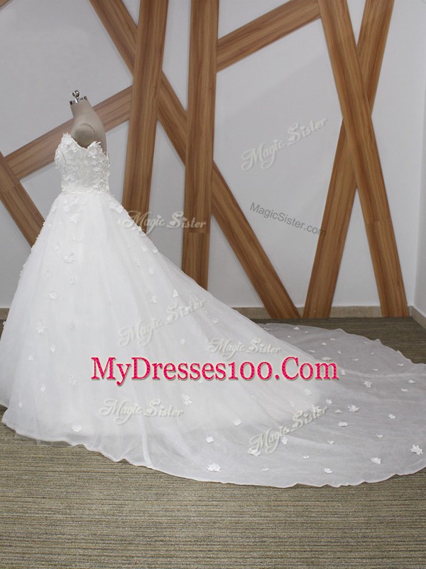 Decent Off The Shoulder Sleeveless Wedding Gowns Court Train Appliques White Organza
