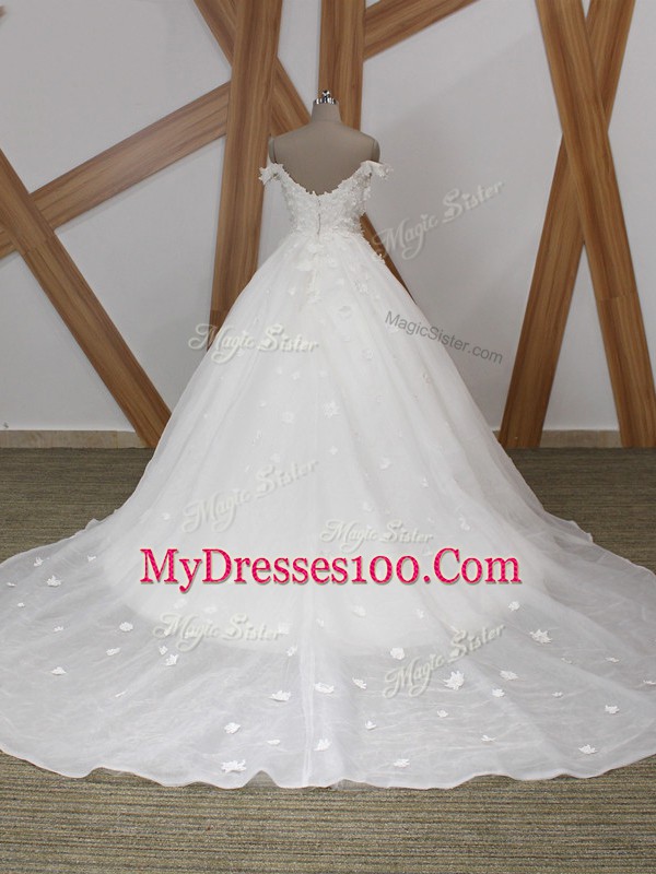 Decent Off The Shoulder Sleeveless Wedding Gowns Court Train Appliques White Organza