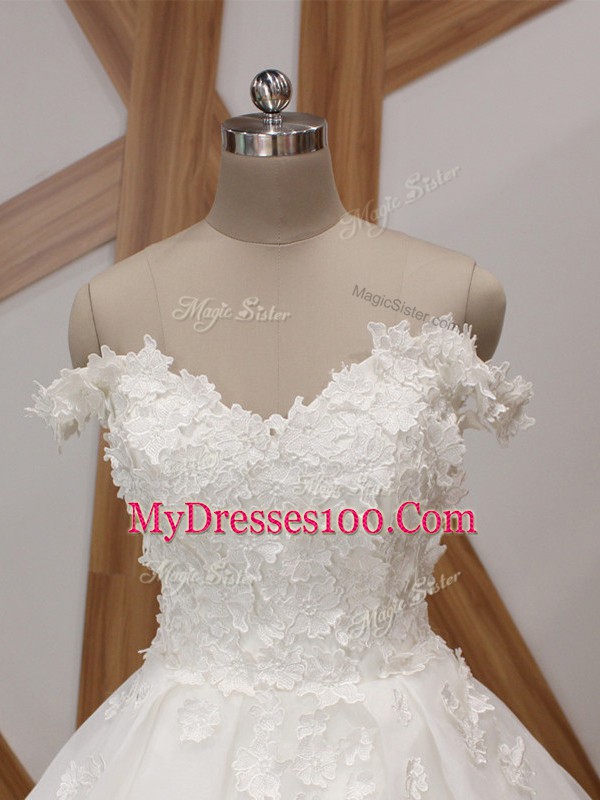 Decent Off The Shoulder Sleeveless Wedding Gowns Court Train Appliques White Organza