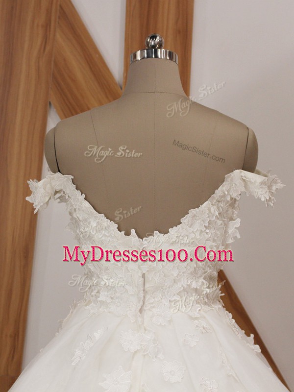 Decent Off The Shoulder Sleeveless Wedding Gowns Court Train Appliques White Organza